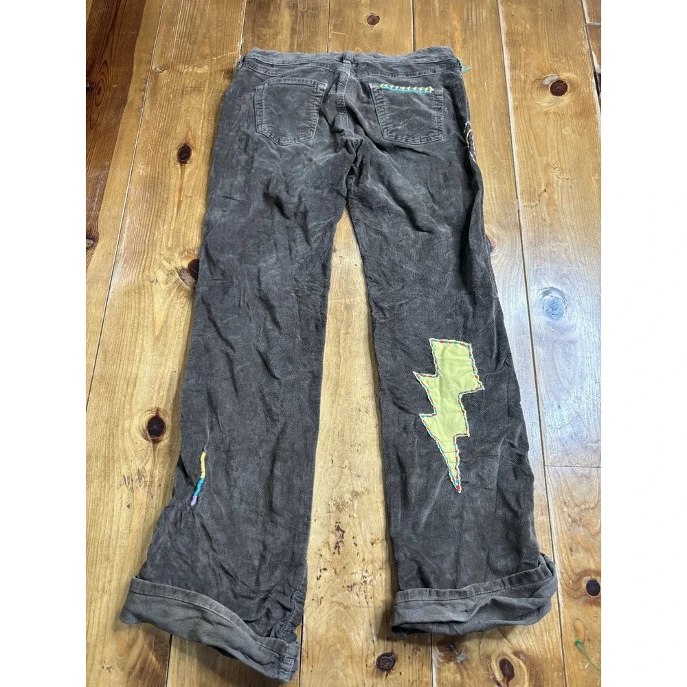 Diesel Boys 27 Corduroy Pants Brown Embroidered Lightning Bolt Flower Italy